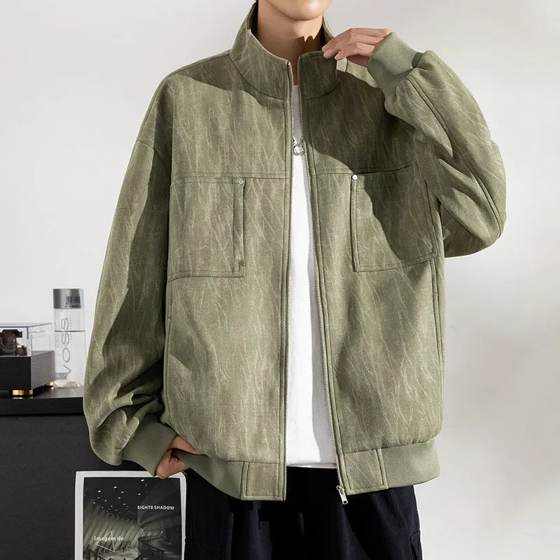 Men's polyester drop-shoulder long sleeve casual coat in bean green, sized for larger builds