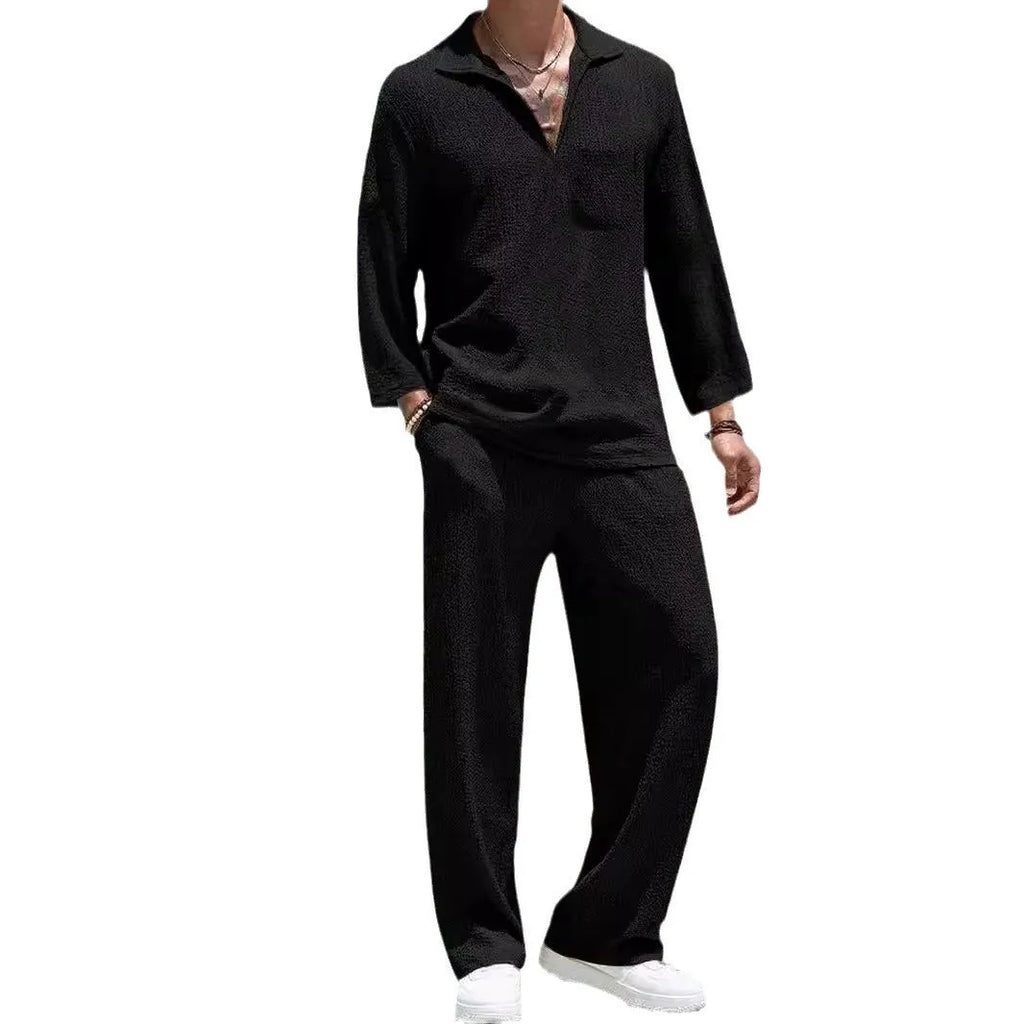 Men's casual shirt and trousers suit set in four colour options: lake blue, khaki, black, caramel.