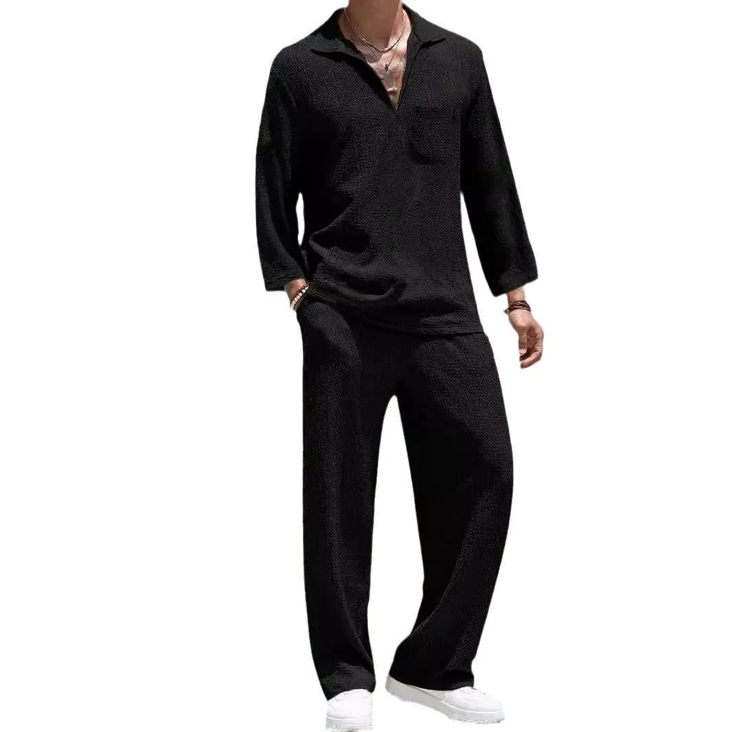 Men's casual shirt and trousers suit set in four colour options: lake blue, khaki, black, caramel.