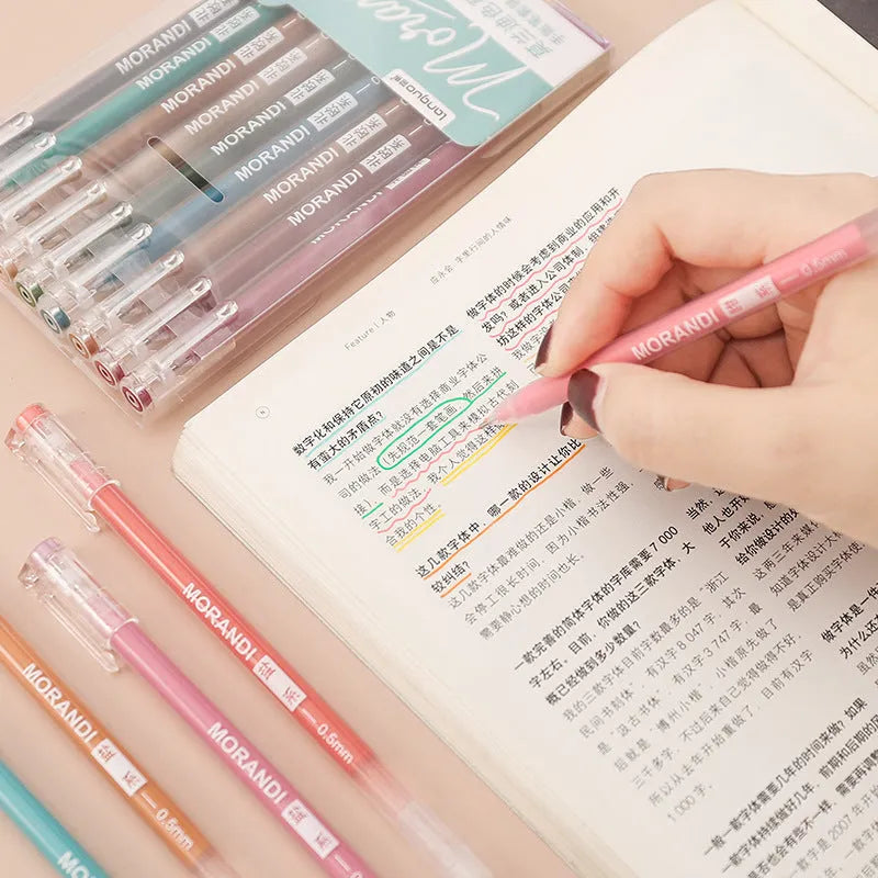 Set of nine retro Japanese colour gel pens with 0.5mm needle tips on white background