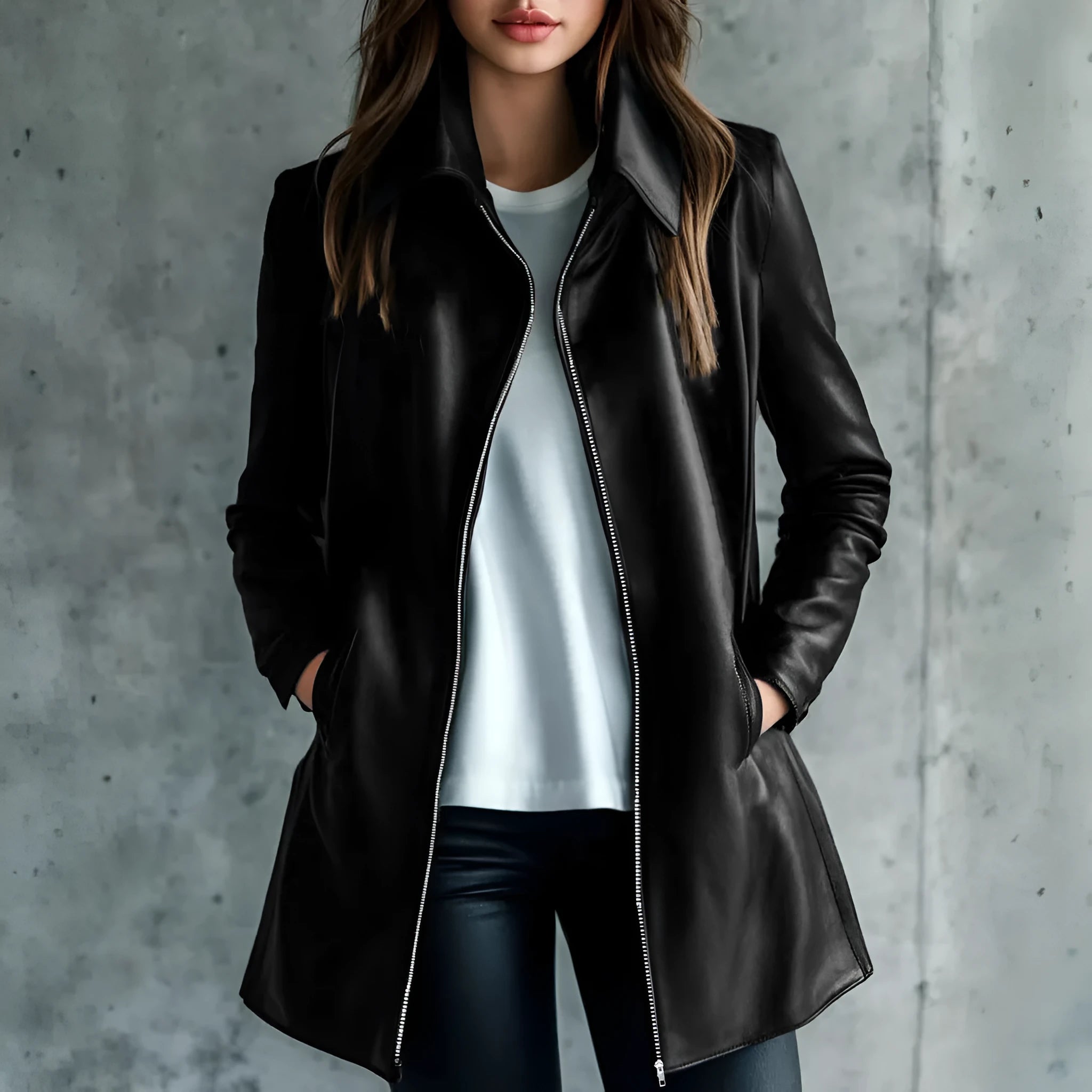Black women's leather jacket medium length 65cm with long sleeves
