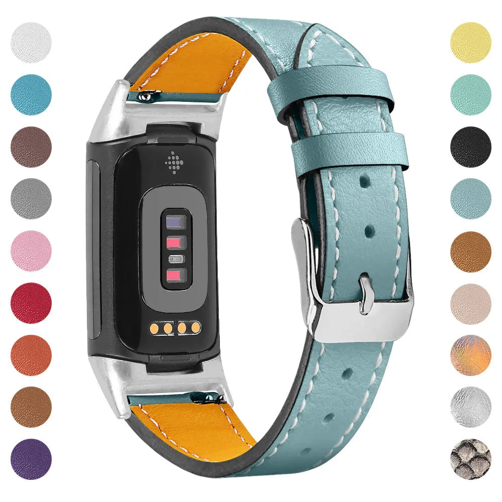 Genuine cowhide leather replacement strap for Fitbit Charge 5 and Charge 6 smart watches in multiple colours.