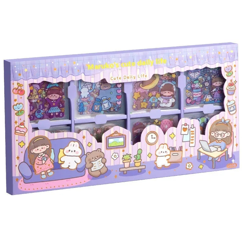 Box of children's stickers showing 5 design themes: meatball, peach tea, stars, and nini patterns