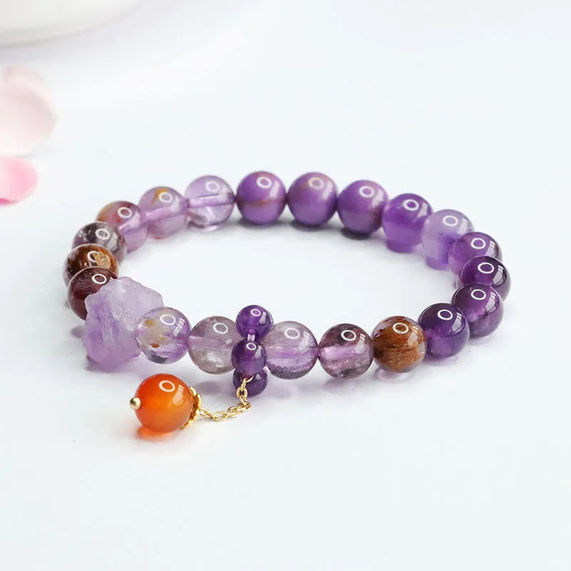 Natural nine purple amethyst crystal bracelet with red agate stones in mori style design