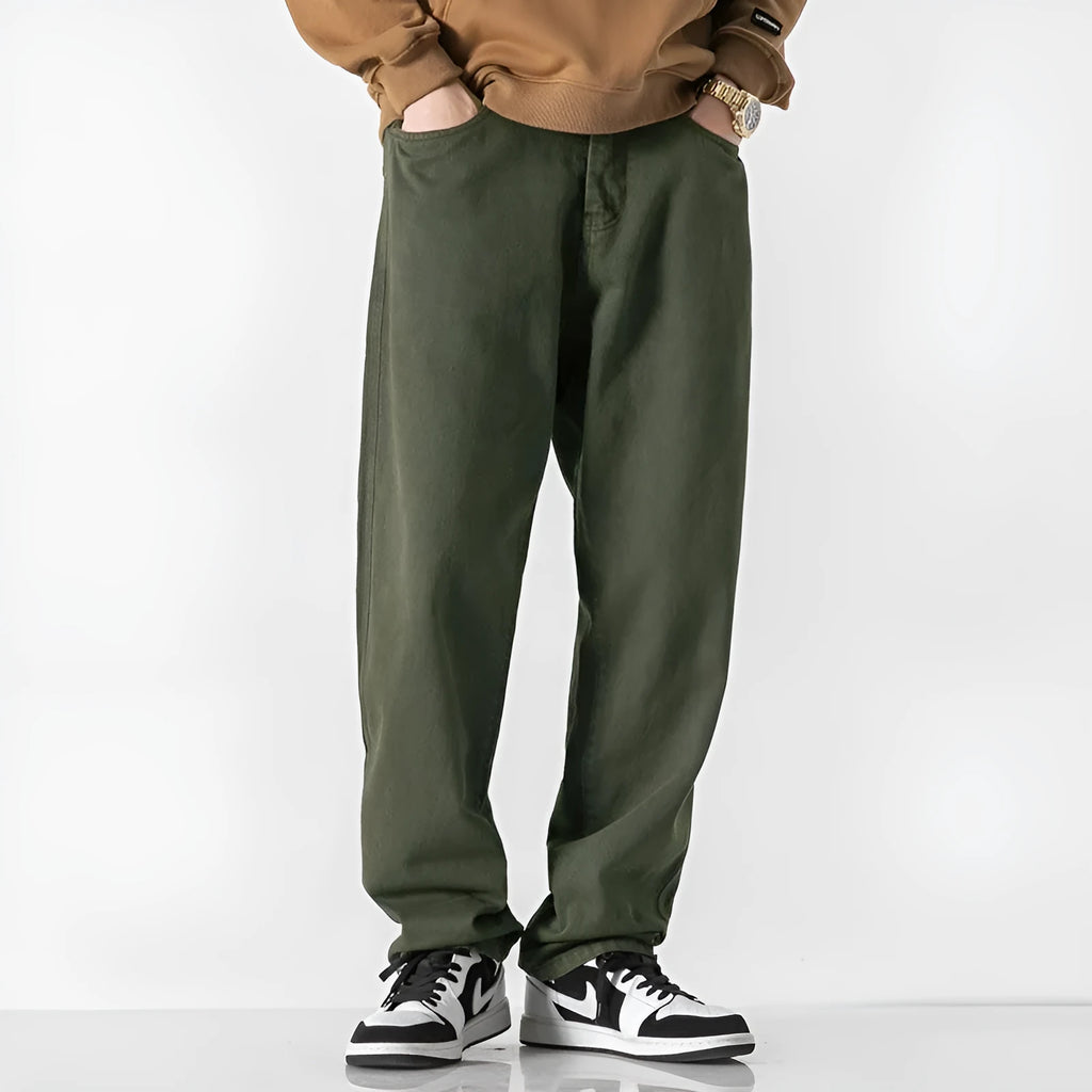 Khaki retro loose straight trousers for plus size women with double-layer belt and ankle drawstring, shown flat.