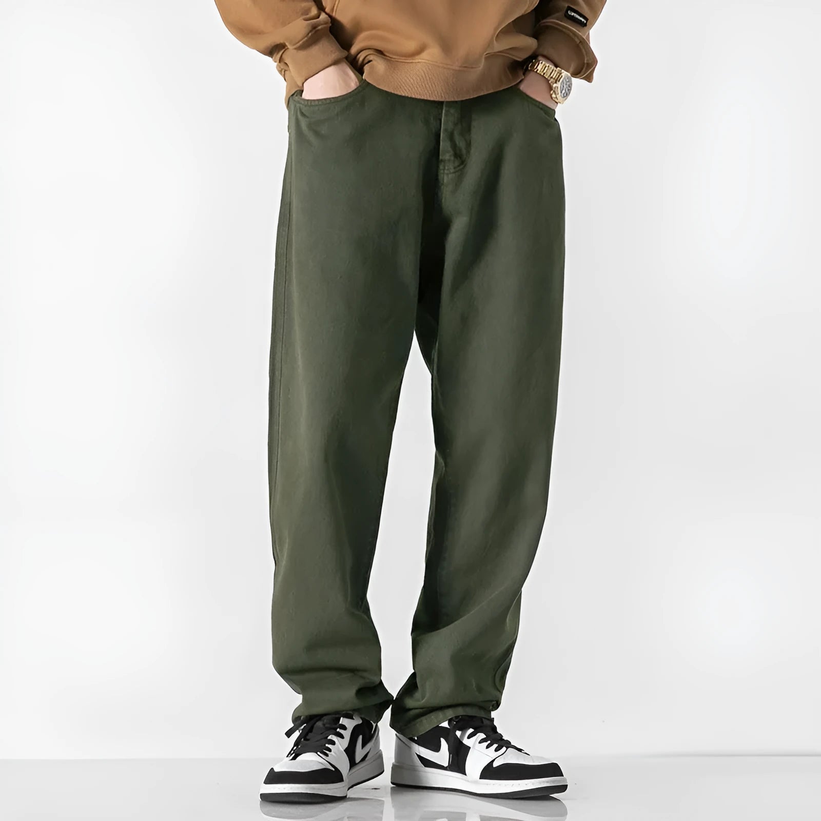 Khaki retro loose straight trousers for plus size women with double-layer belt and ankle drawstring, shown flat.
