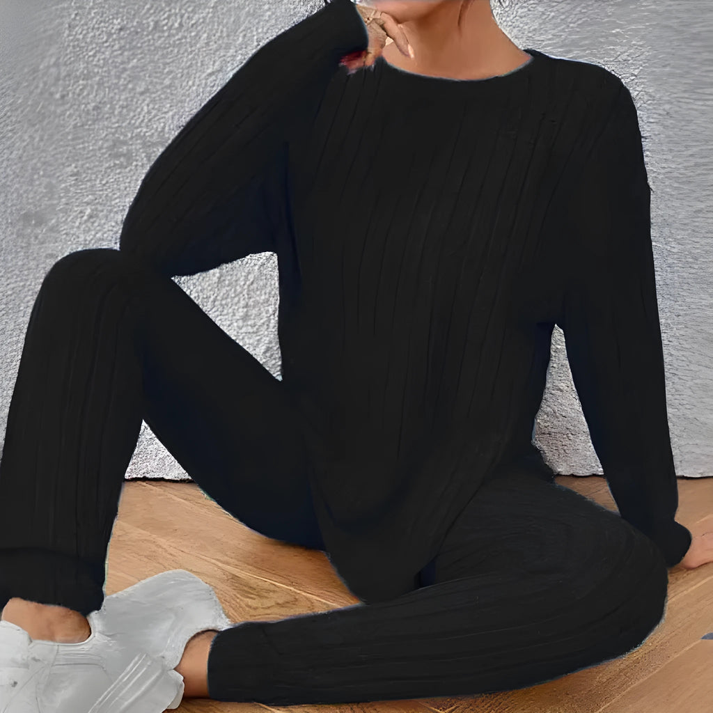 Women's black sunken stripe pattern long sleeve top and trousers two-piece loungewear set