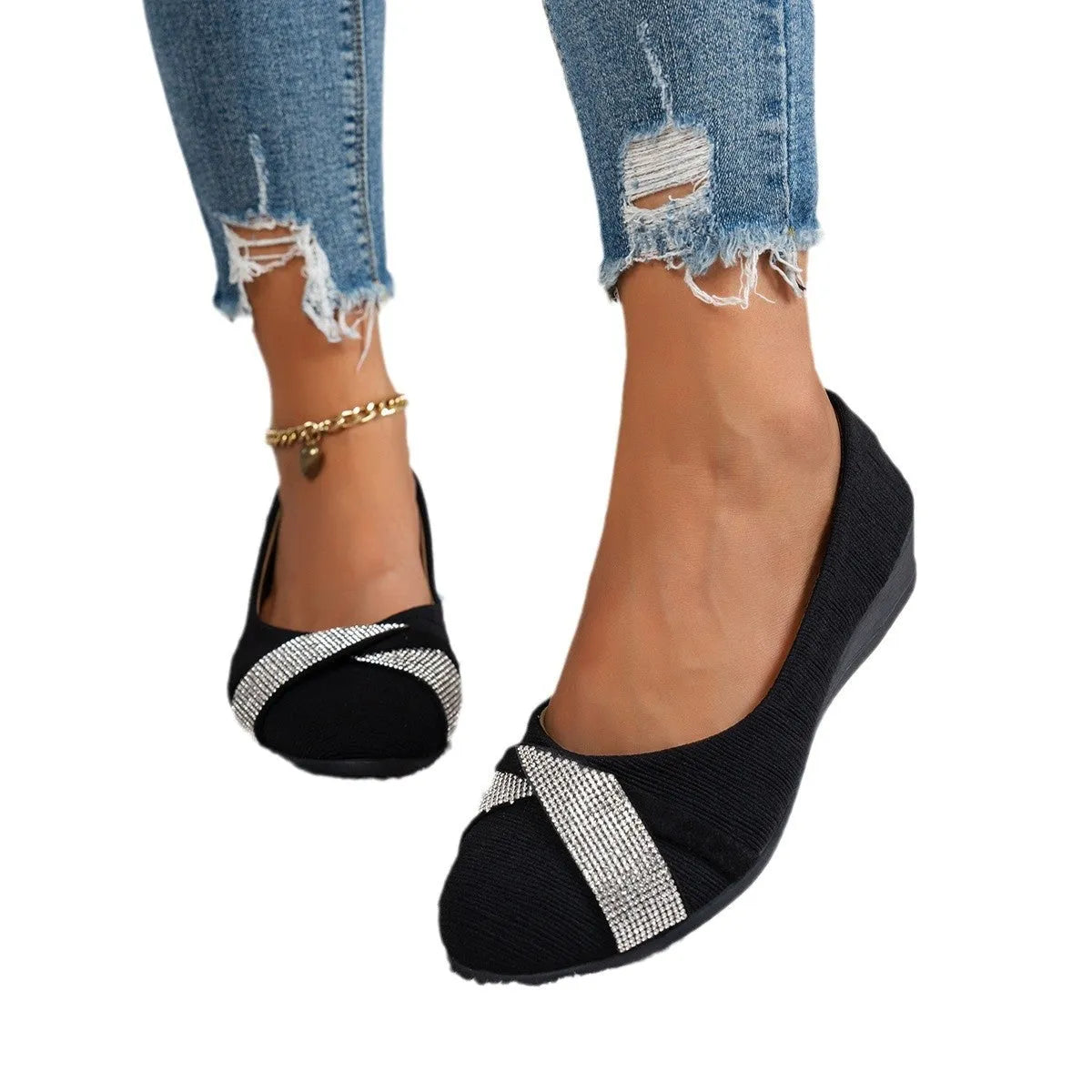 Women's black slip-on casual shoes with rhinestone decoration and chunky heel