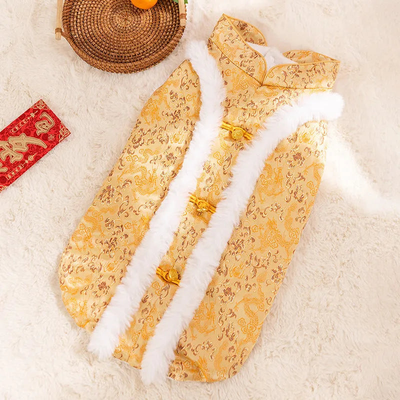 Chinese-style cotton-padded dog Tang suit with rabbit fur collar for large and medium-sized dogs