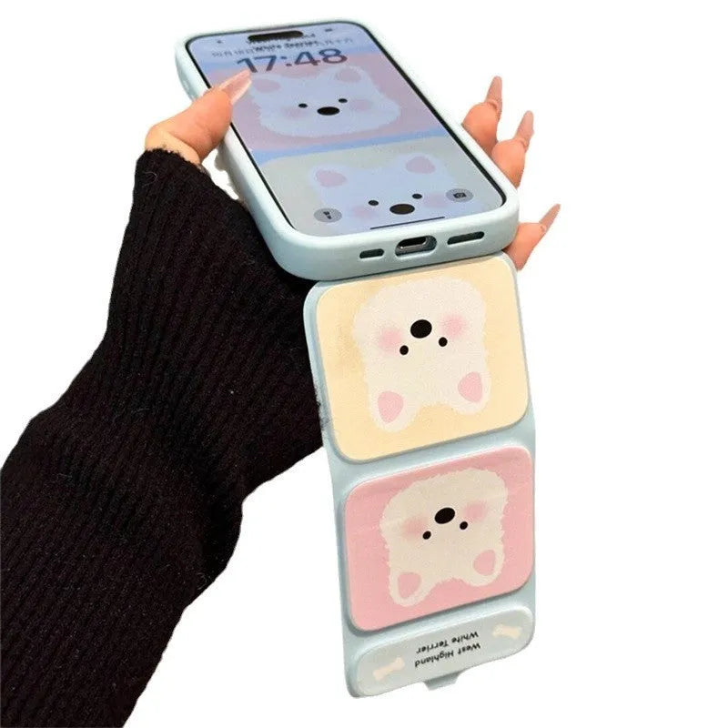 White TPU phone case with cartoon blush West Highland design and folding bracket