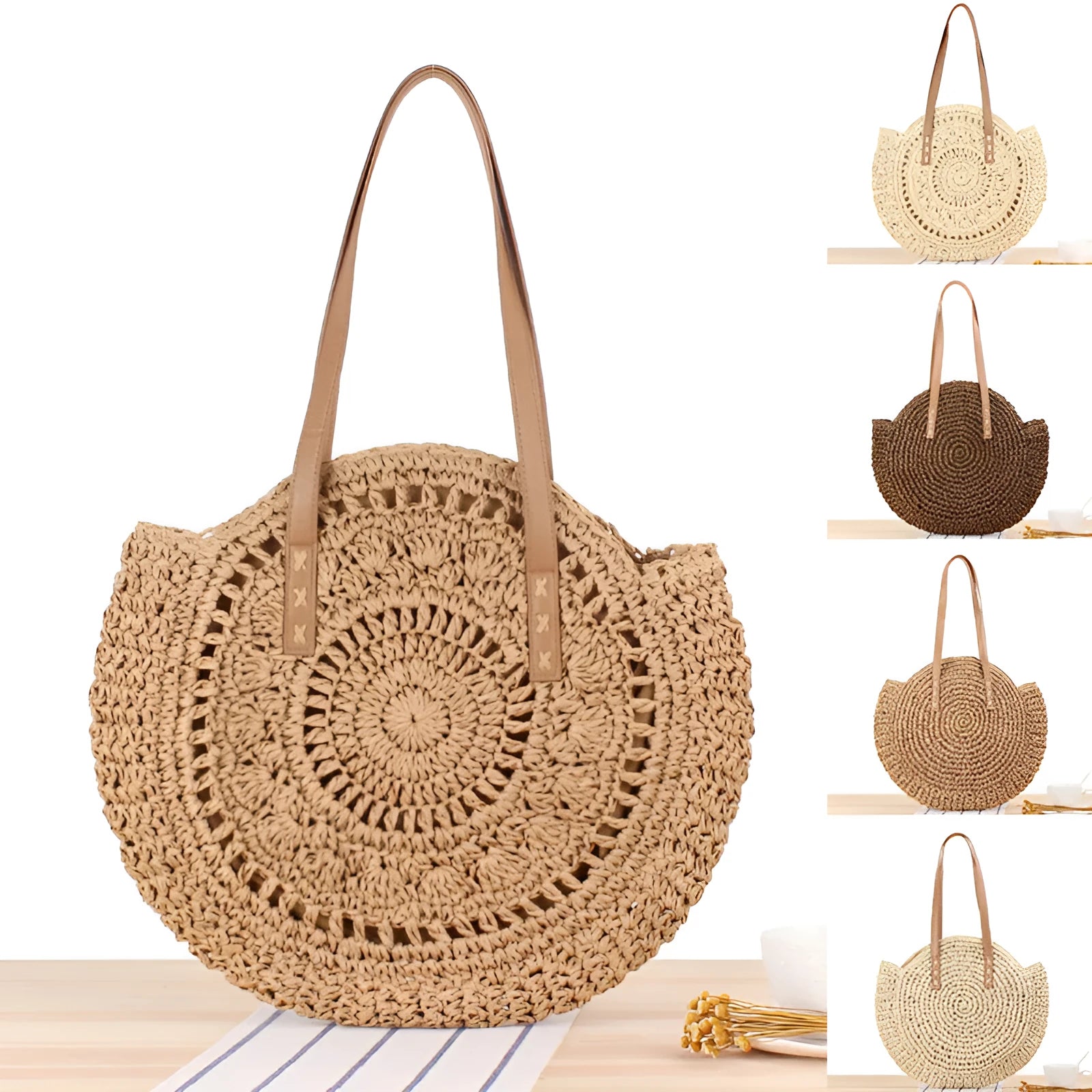 Round straw shoulder bag in large beige colour with zipper closure and woven texture