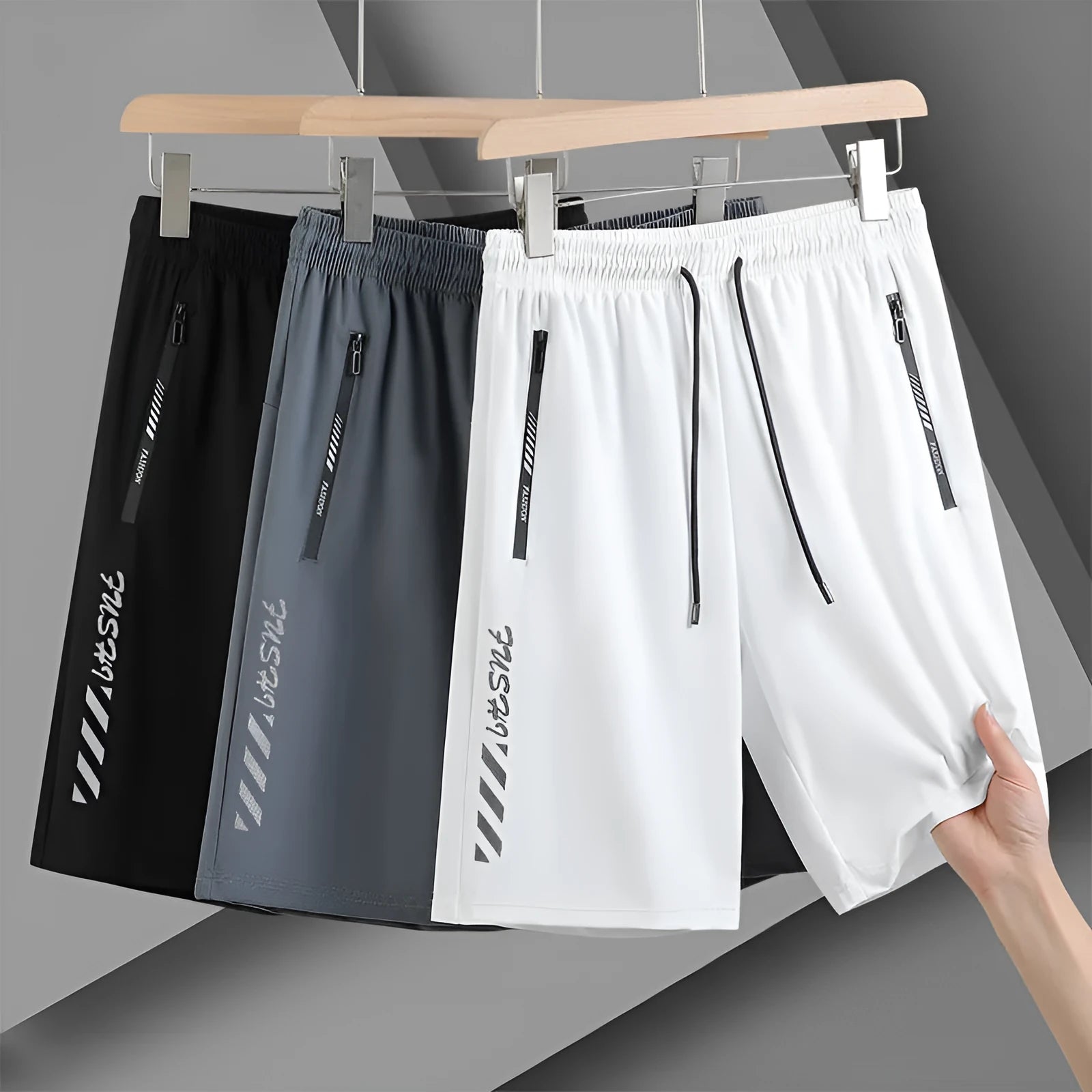 Men's black quick-drying nylon sports shorts with loose fit and elastic waistband