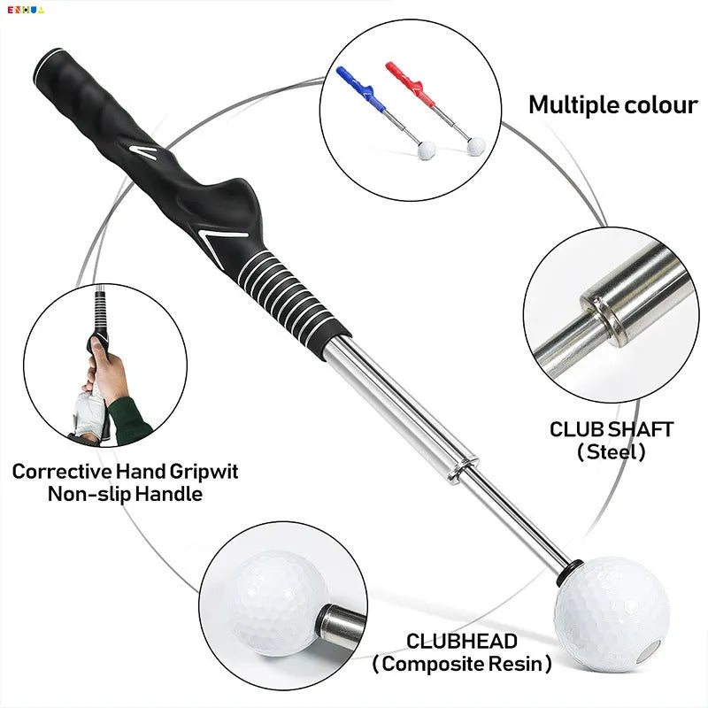 Telescopic stainless steel golf swing trainer shown in black, blue, and red colour options