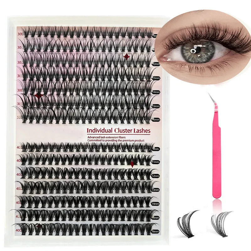 DIY cluster false eyelashes mixed package showing 30D and 40D thicknesses with tweezers
