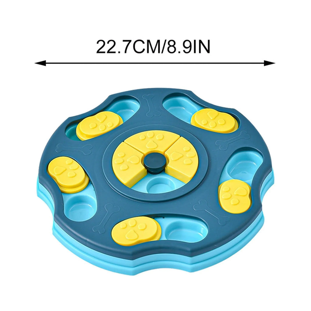 Blue and pink dog puzzle feeder toy for aggressive chewers, a food-searching interactive game.