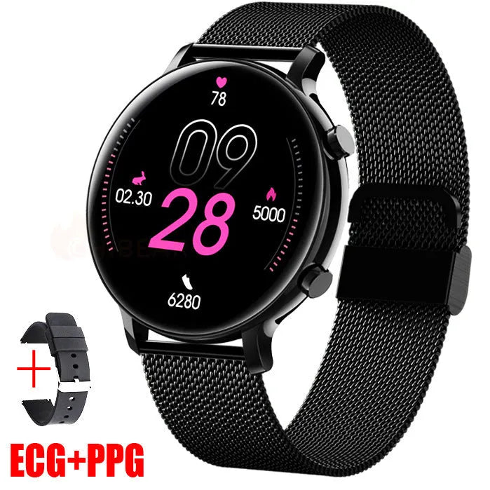 Black Bluetooth smartwatch with stainless steel strap on a wrist, showing call and health stats on screen.