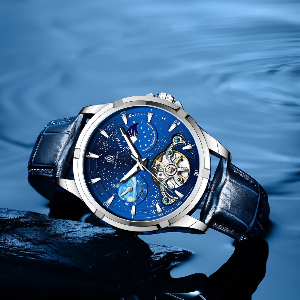 Men's blue dial automatic mechanical watch with metal bracelet showing time display