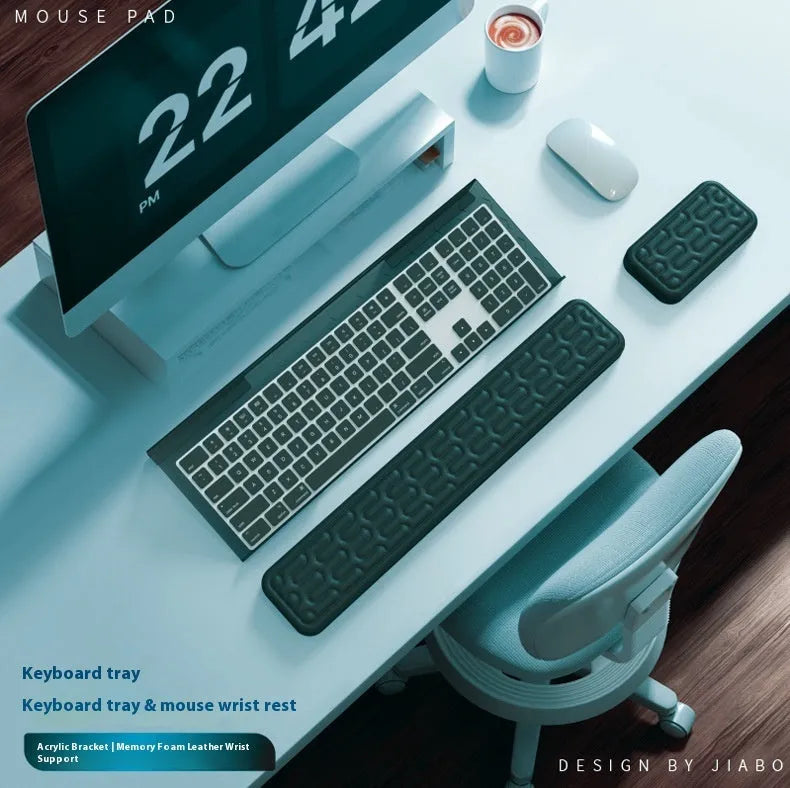 Double-sided keyboard and mouse pad with memory foam base, wrist support, and resin surface.