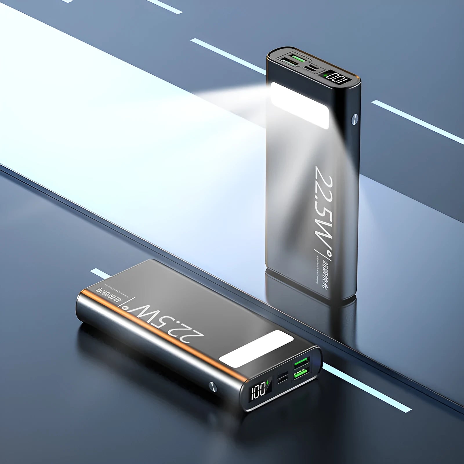 Alloy 22.5W super fast charging 20000mAh power bank in four colour options showing LCD display.