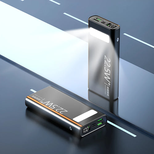 Alloy 22.5W super fast charging 20000mAh power bank in four colour options showing LCD display.