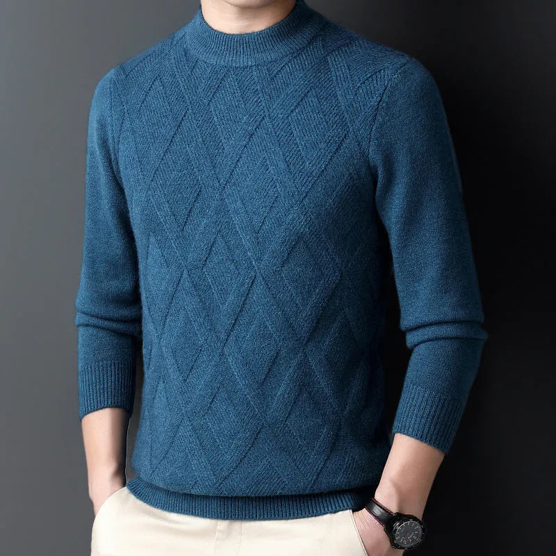 Men's winter thicken thermal plus size sweater in diamond jacquard wool blend pullover