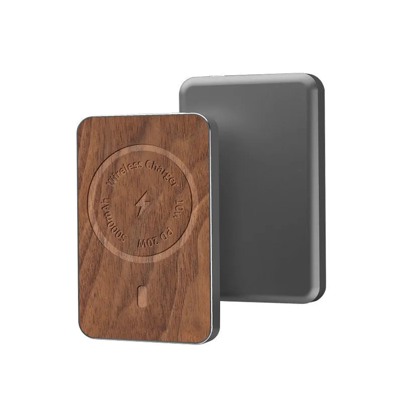 Khaki alloy wireless charging bank with magnetic suction showing 5000mAh capacity and USB port