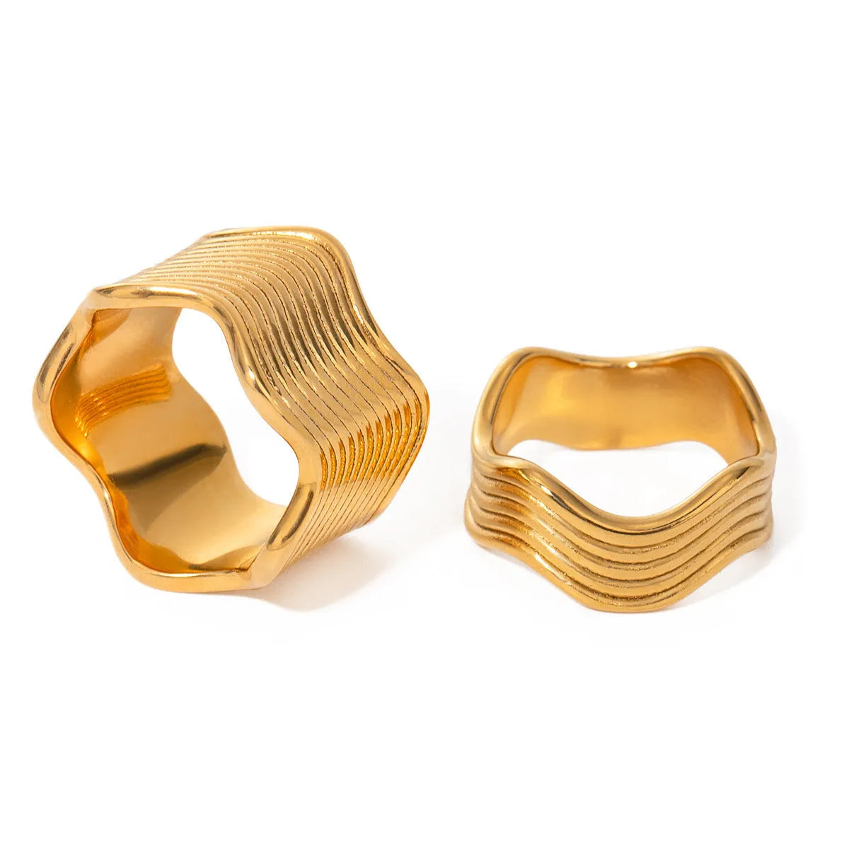 Stainless steel geometric wave pattern ring with wide band and electroplated finish
