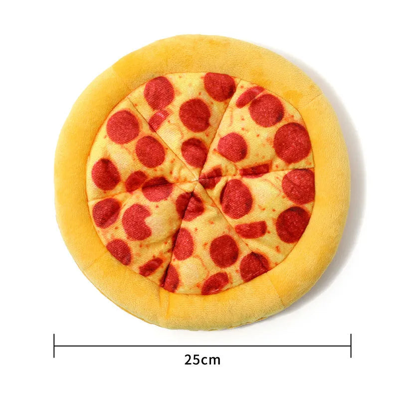 Yellow teddy bear shaped pizza dog chew toy with squeaker.