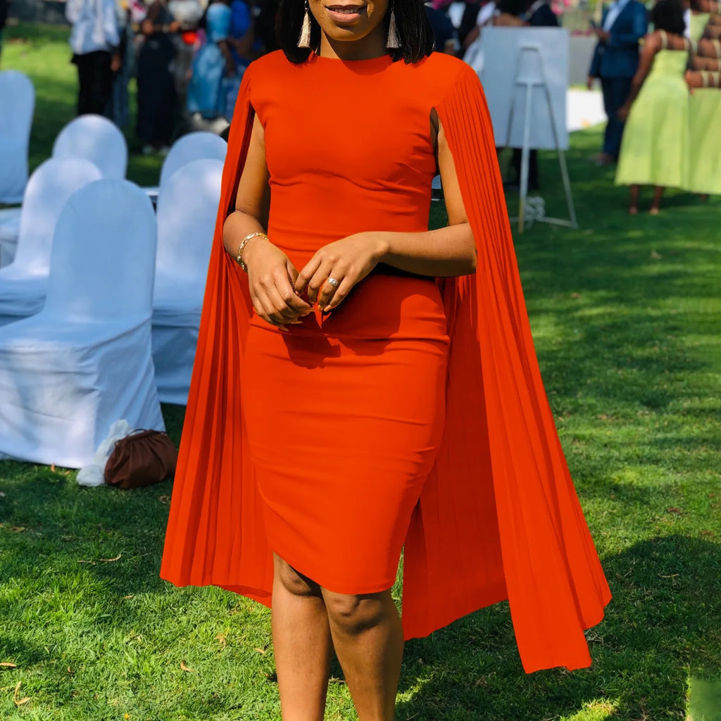 Women's pleated evening gown with round neck and long sleeves in high-waist design