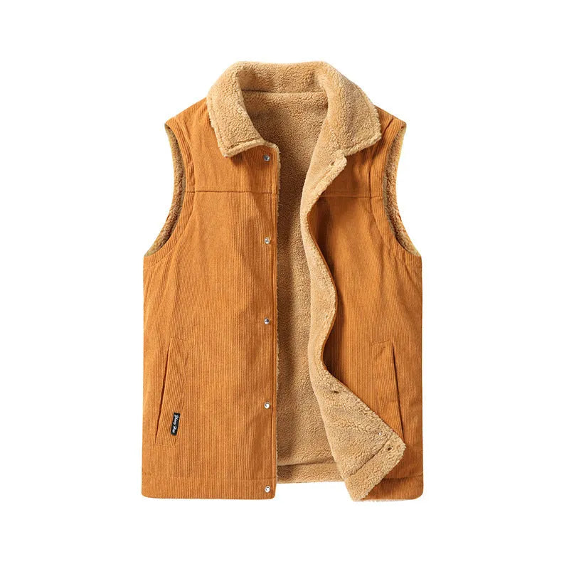 Men's corduroy flip collar jacket in Army Green, shown on model, with full front view