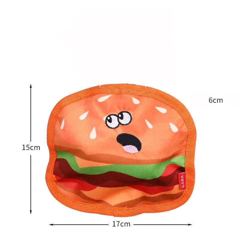 Colourful hamburger-shaped dog chew toy with crinkle and squeak features for interactive play.