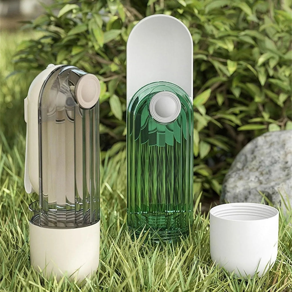 Beige or green foldable leak-proof dog water bottle with food dispenser for outdoor use