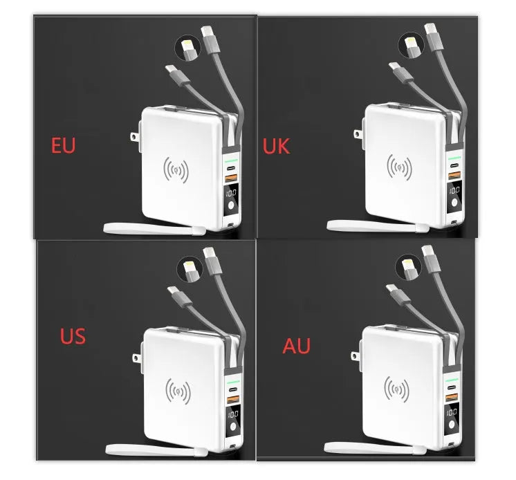 Super QI wireless power bank with built-in folding plug, shown in black and white.