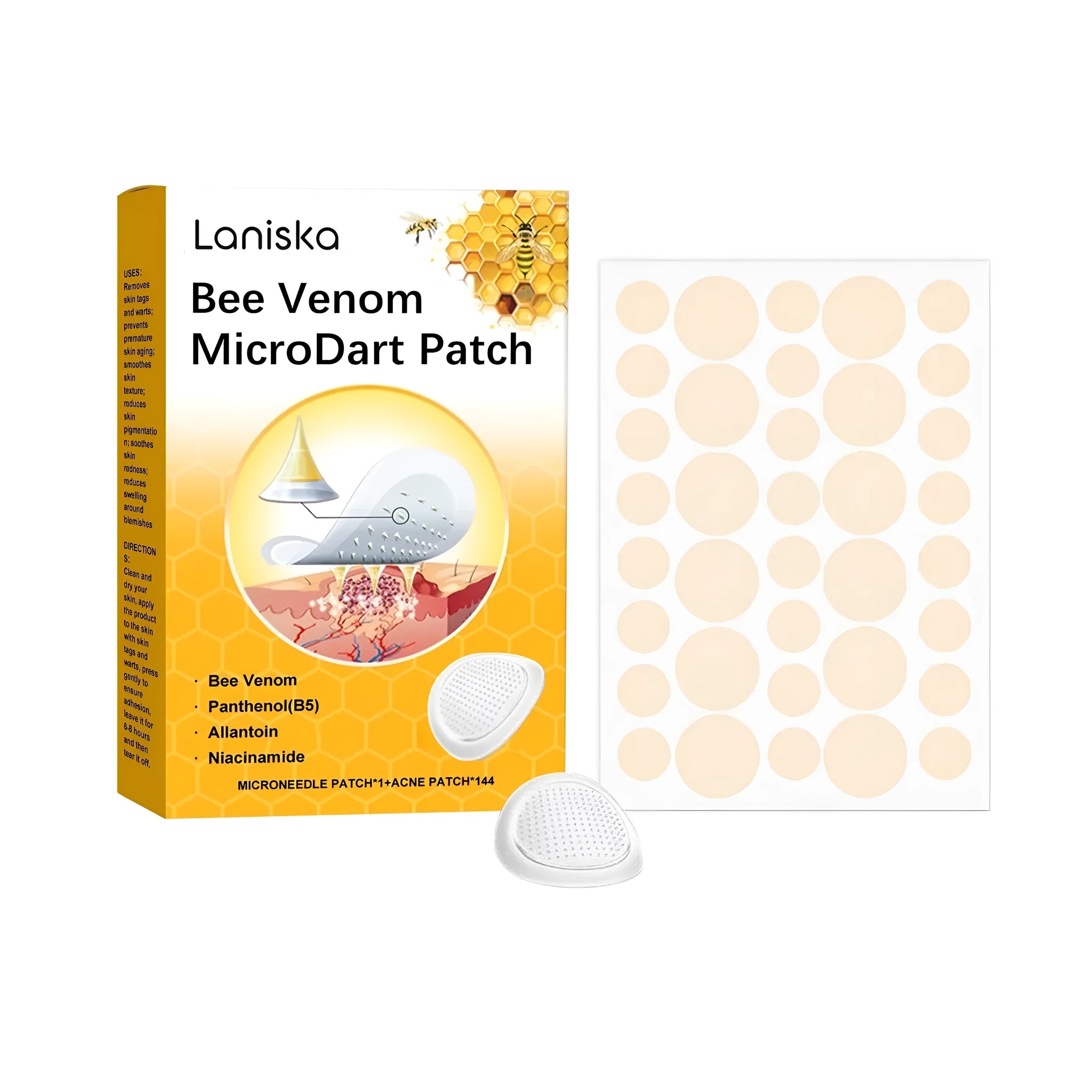 Wart removal microdart patch and acne patches on skin, showing targeted application of hydrogel patches with bee venom.