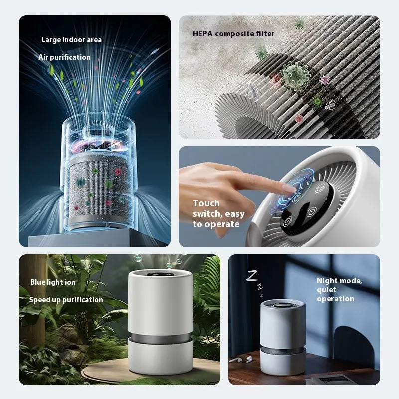 White simple style desktop air purifier with USB cable for small rooms.