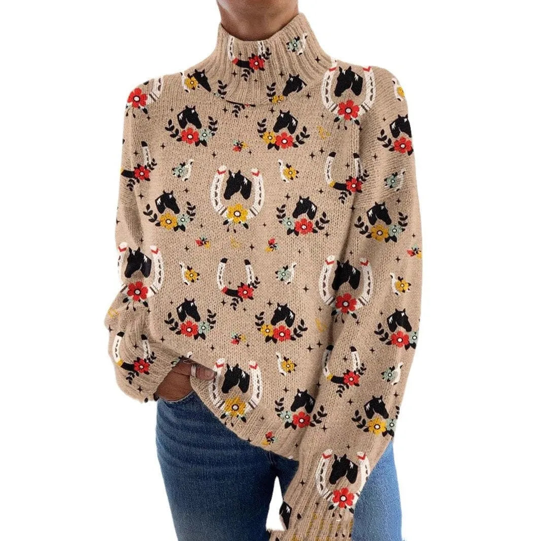 3D floral print high neck long sleeve pullover sweater polyester wool blend
