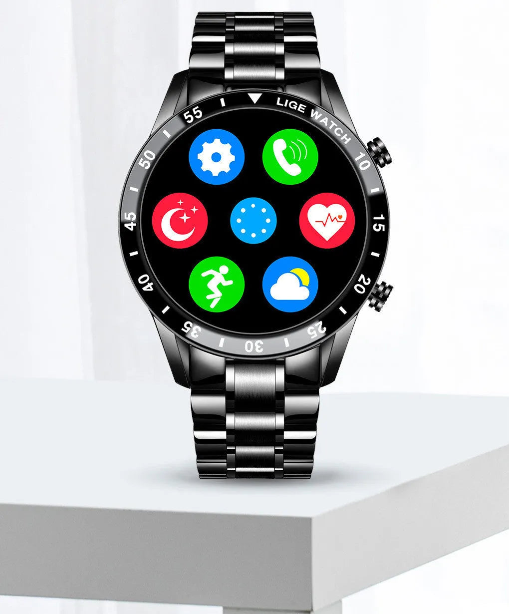 Smart watch with stainless steel wristband and 1.3-inch display showing step counter interface