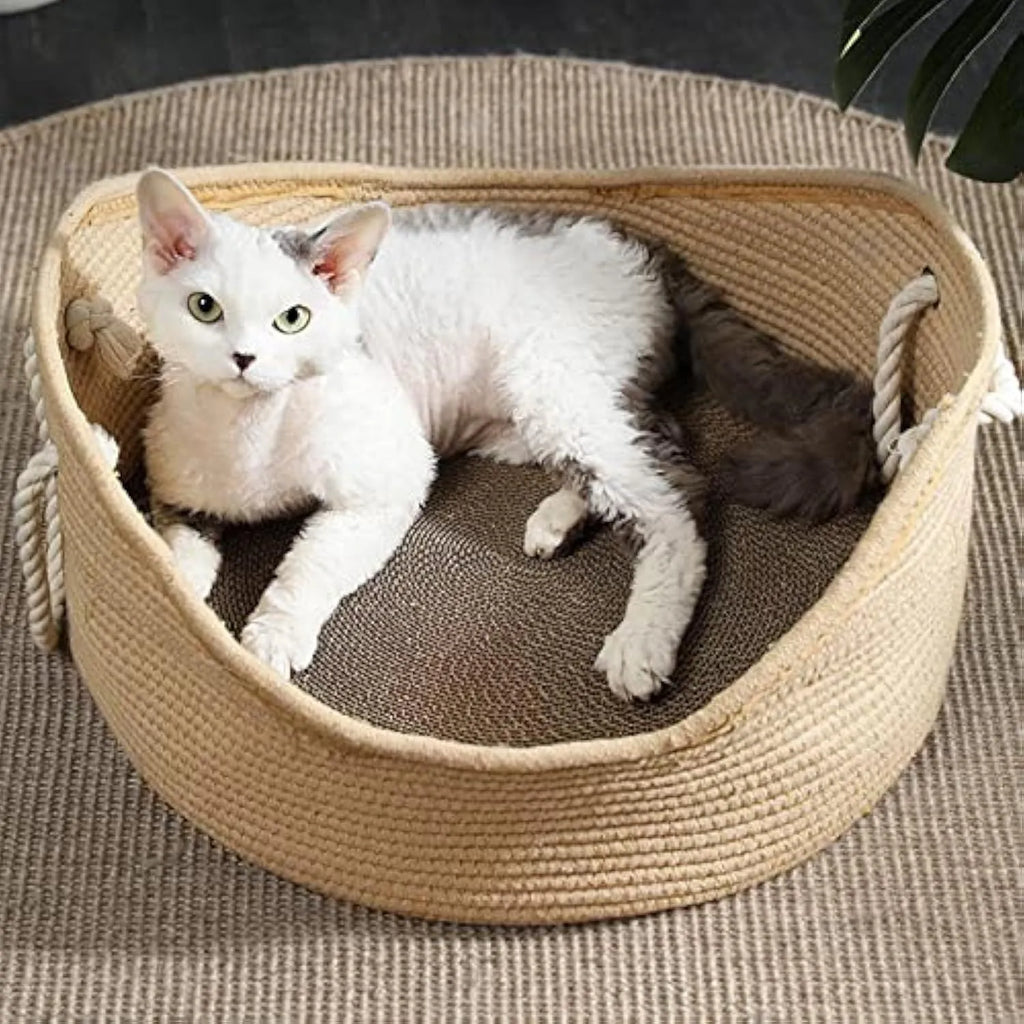 Wicker cat bed basket with integrated corrugated scratching surface for small to medium sized cats