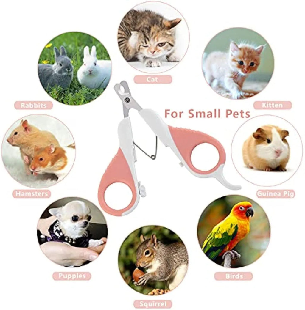 Grey and pink stainless steel cat nail clippers with angled blade and safety lock