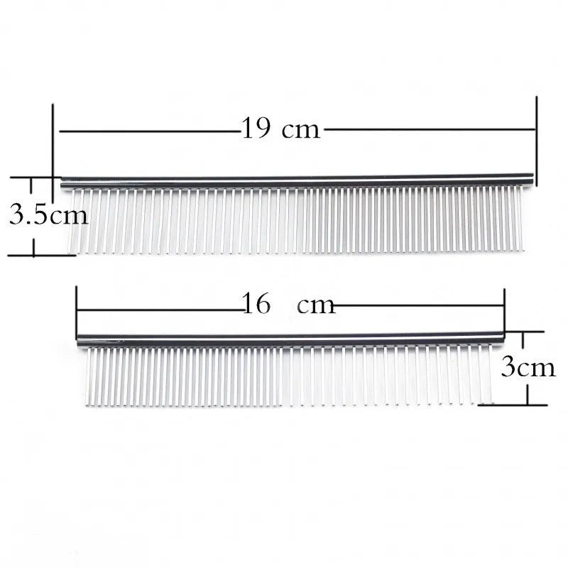 Silver stainless steel straight pet comb for cats and dogs, available in multiple sizes, with metal teeth and a solid handle.