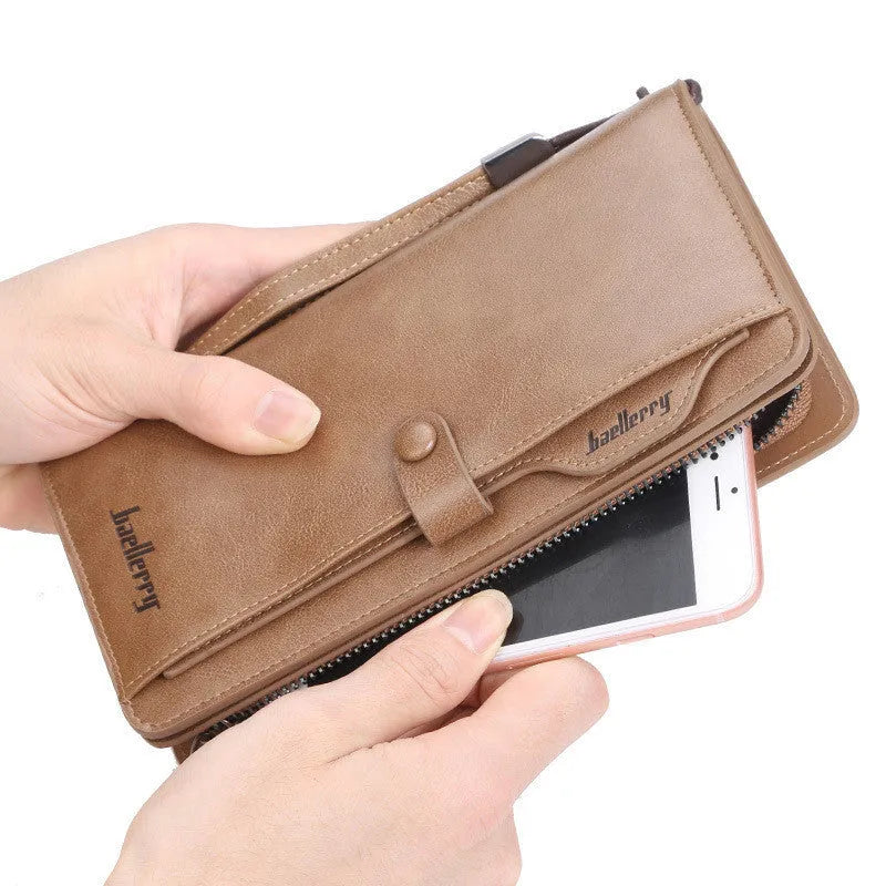 Men's retro soft PU leather multifunction phone bag wallet in brown with zippered pockets and card slots