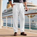 Straight leg linen blend trousers in dark gray on a model, mid-waist, zip placket, loose fit daily wear