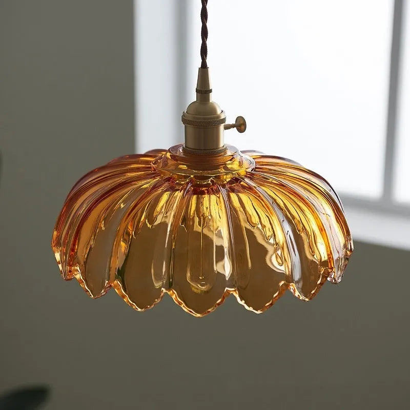 Brass ceiling chandelier with amber glass shade 26cm diameter, suitable for dining room or cafe