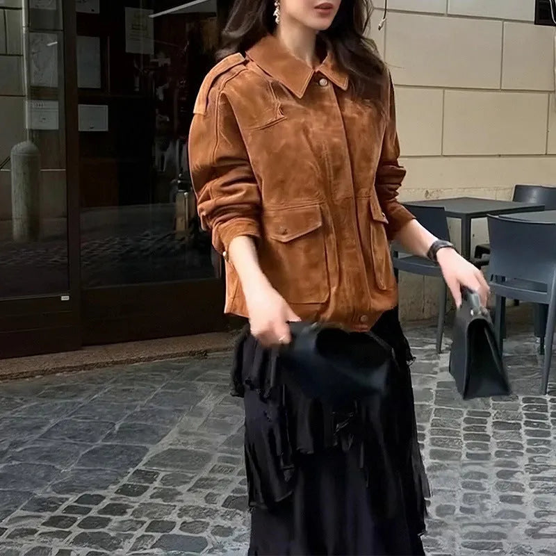 Women's brown suede coat with regular sleeves in street chic style