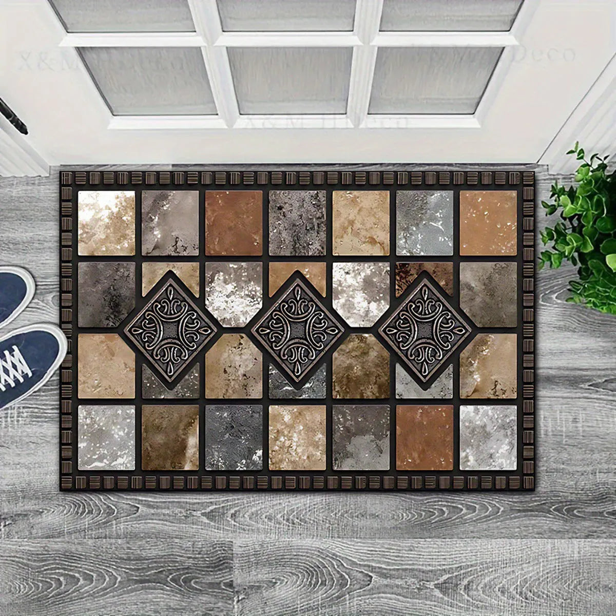 Black and white plaid crystal velvet floor mat, cobblestone colour, on a tiled floor with non-slip backing