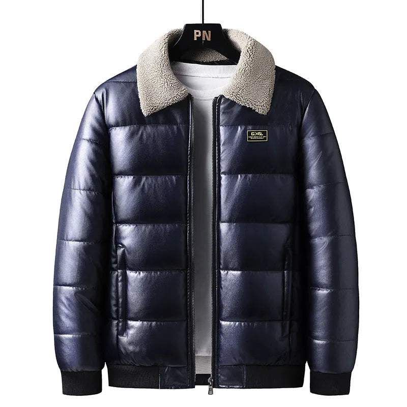 Men's thickened PU leather winter jacket with lapel collar in black, shown front view on model