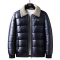 Men's thickened PU leather winter jacket with lapel collar in black, shown front view on model