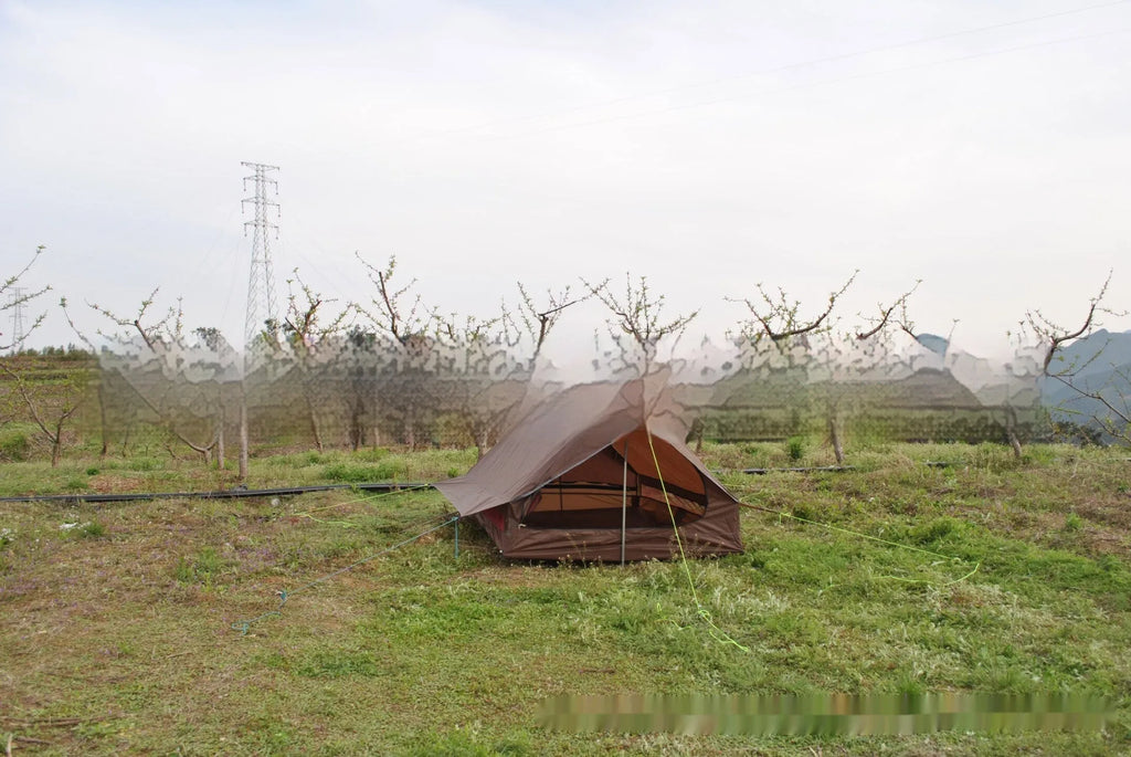 Brown or white A-line hiking tent pitched with hiking poles showing 210x150x110cm dimensions
