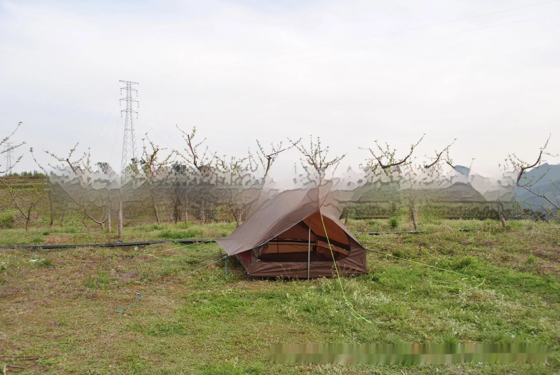Brown or white A-line hiking tent pitched with hiking poles showing 210x150x110cm dimensions