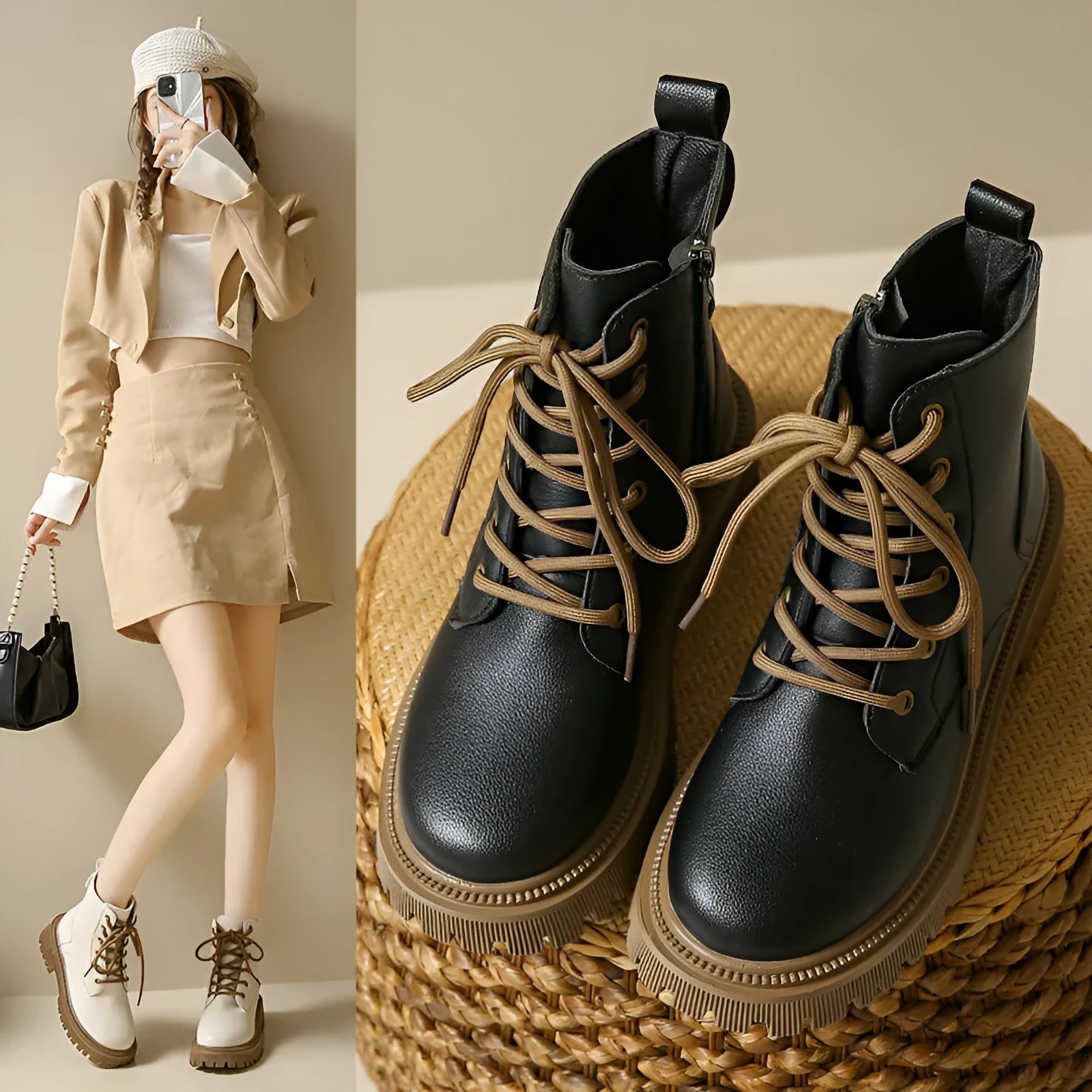 Beige women's winter Martin boots mid heel 3-5cm Korean style